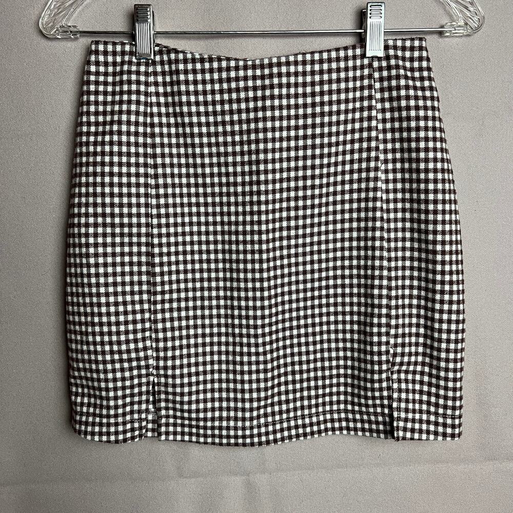 Y2K Eyeshadow Plaid Mini Skirt XS Brown White Gingham Schoolgirl Indie Academia
